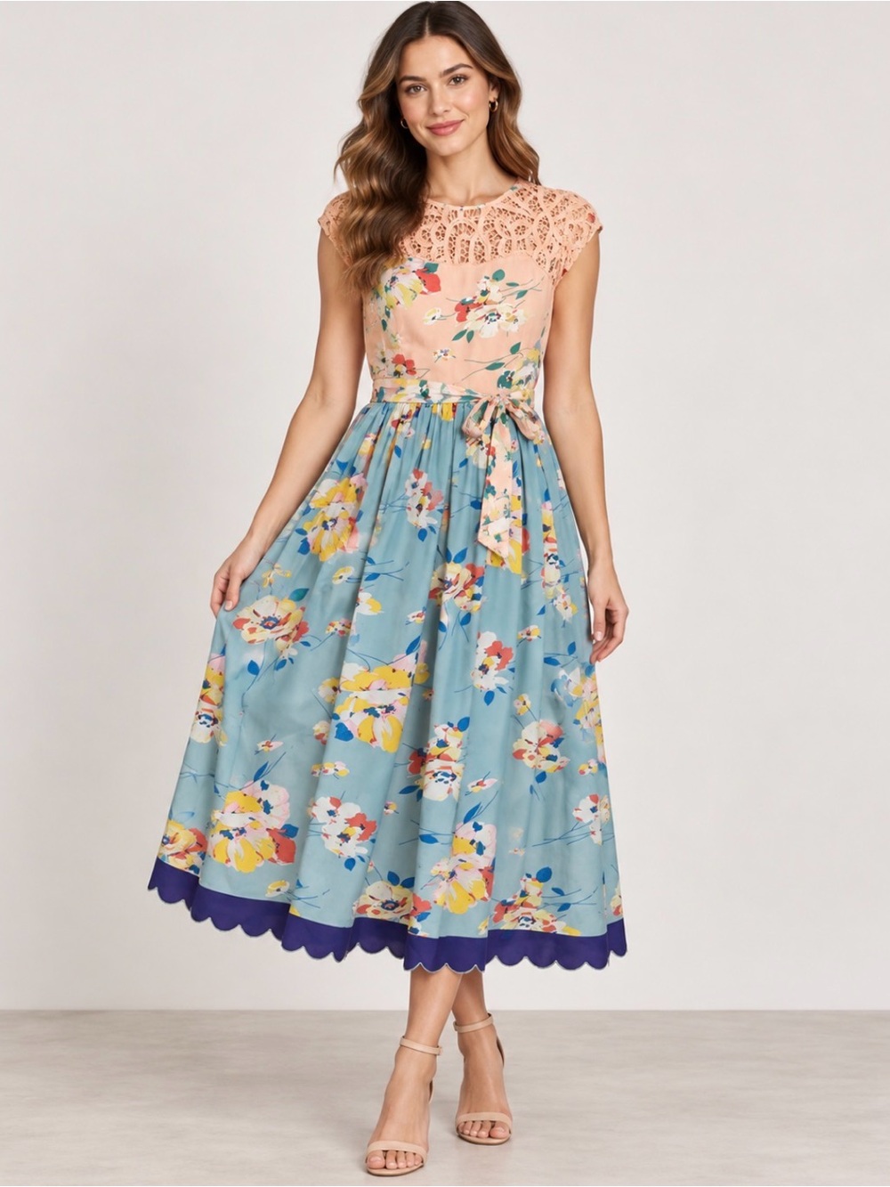 Topshop Peach Lace Bodice Blue Floral Fit & Flare Midi Dress - Size 4